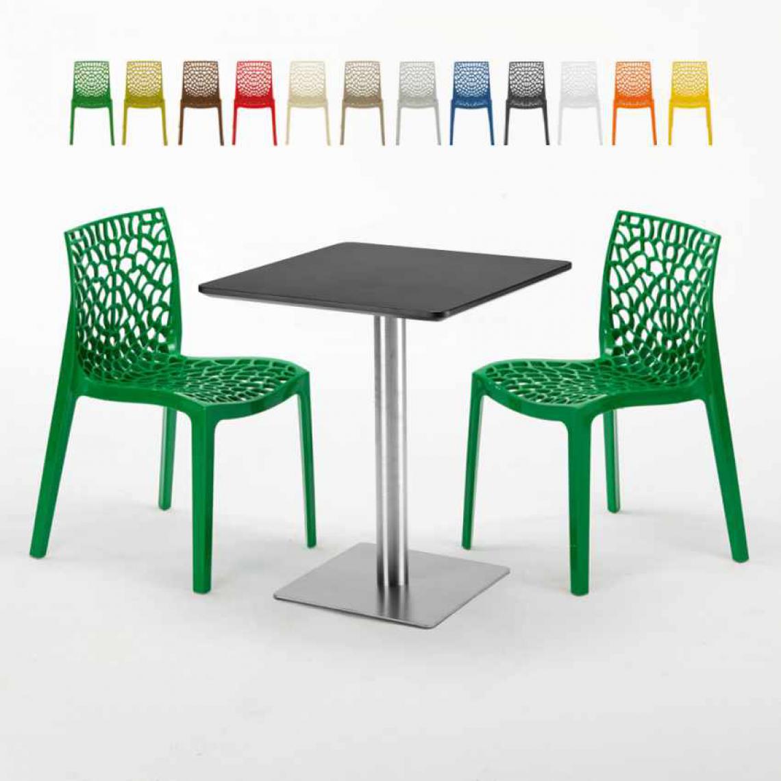 Grand Soleil - Table carrée 60x60 pied acier et plateau noir avec 2 chaises colorées Gruvyer Pistachio, Couleur: Vert - Tables à manger