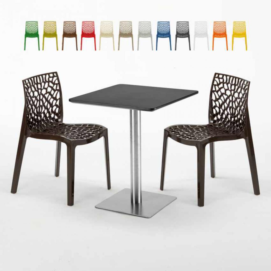 Grand Soleil - Table carrée 60x60 pied acier et plateau noir avec 2 chaises colorées Gruvyer Pistachio, Couleur: Marron - Tables à manger
