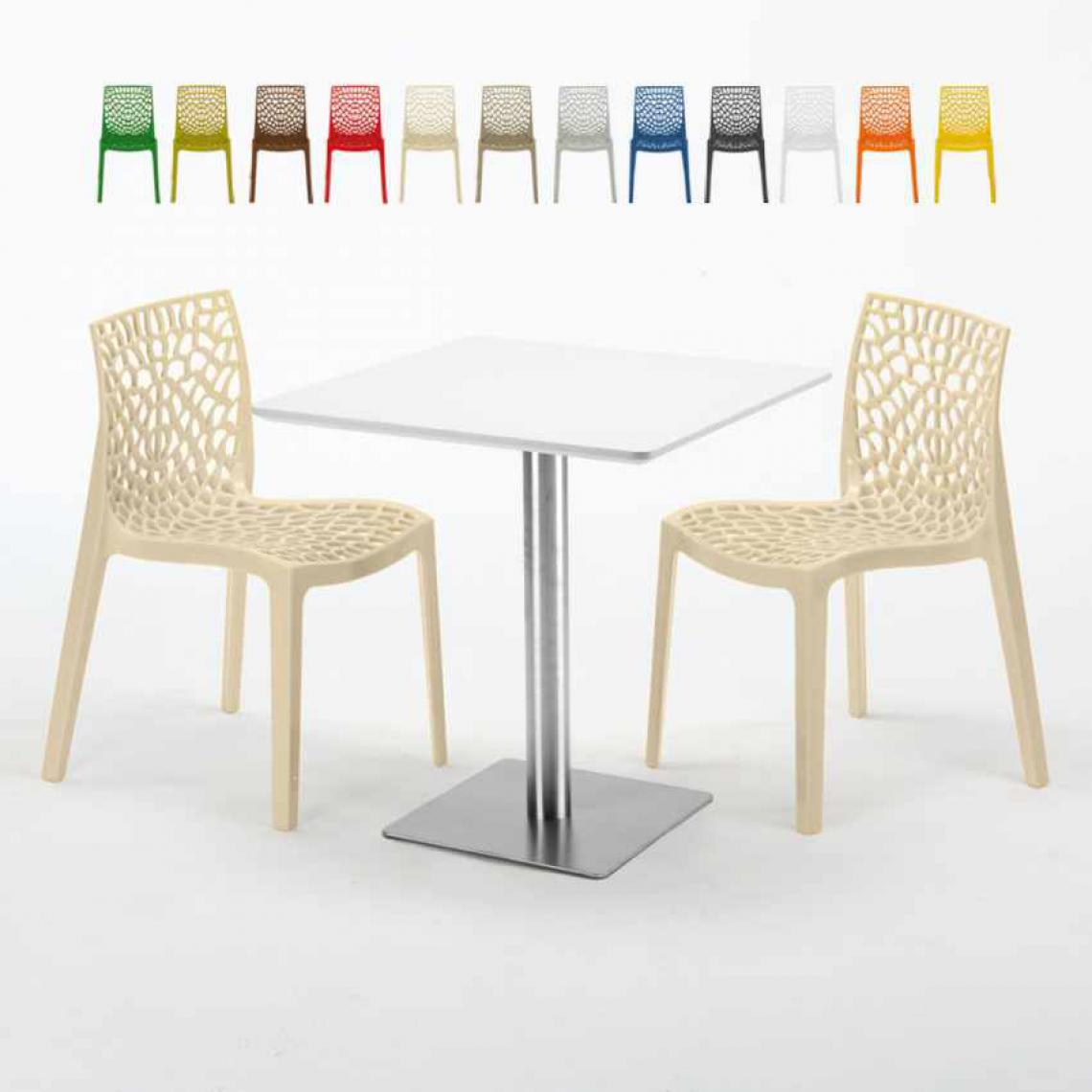 Grand Soleil - Table carrée blanche 70x70 avec pied en acier et 2 chaises colorées Gruvyer STRAWBERRY, Couleur: Beige - Tables à manger