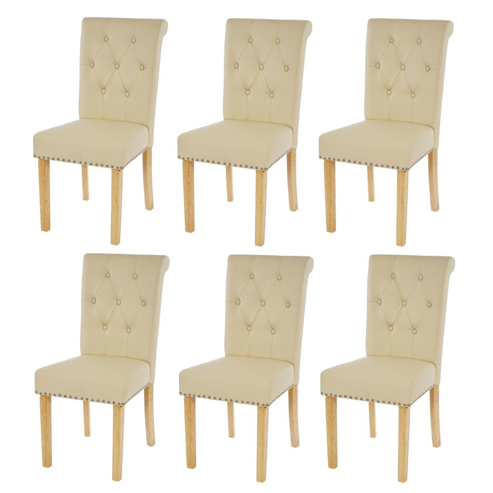 Mendler - Lot de 6 chaises de salle à manger Chesterfield II av rivets ~ similicuir crème, pieds clairs - Chaises