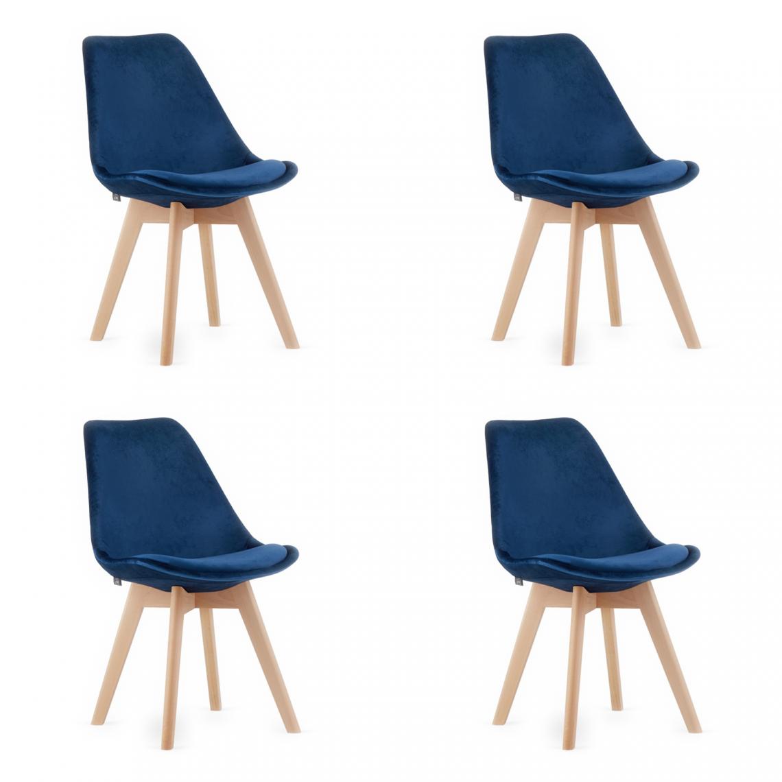 Hucoco - NORIK - Lot de 4 chaises style moderne salon/salle à manger/bureau - 84x54x48.5 cm - Chaise en velours - Bleu - Chaises