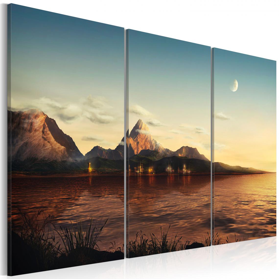 Decoshop26 - Tableau sur toile en 3 panneaux décoration murale image imprimée cadre en bois à suspendre Soirée chaude dans les montagnes 90x60 cm 11_0006656 - Tableaux, peintures