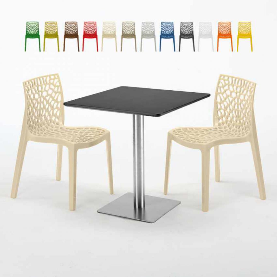Grand Soleil - Table carrée noire 70x70 avec 2 chaises colorées Gruvyer Rum Raisin, Couleur: Beige - Tables à manger
