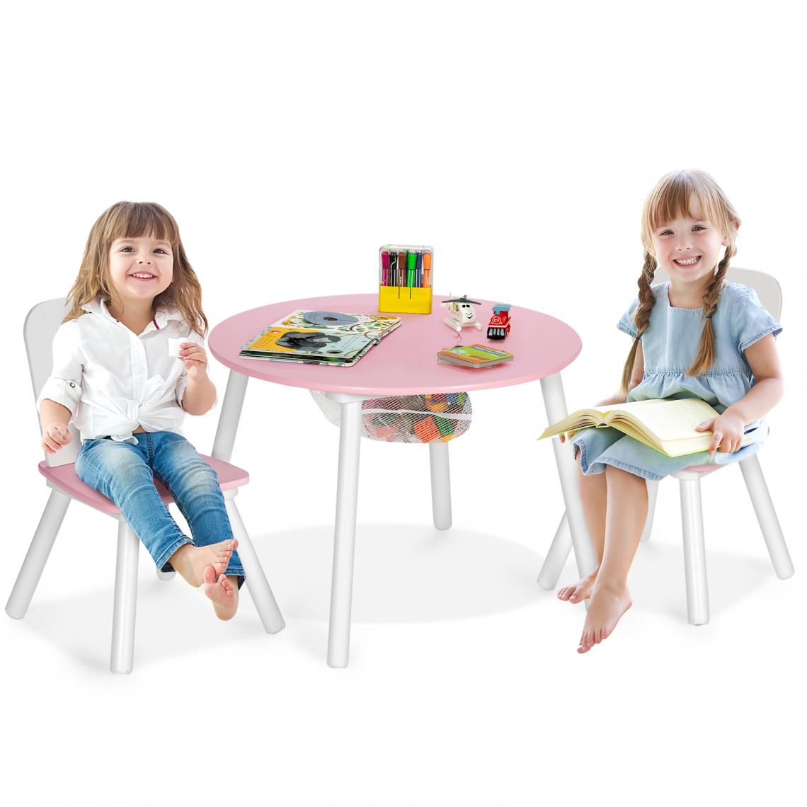 Costway - Table pour Enfants avec 2 Chaises,Table Ronde avec Espace de Rangement pour Jouets Rose - Tables à manger