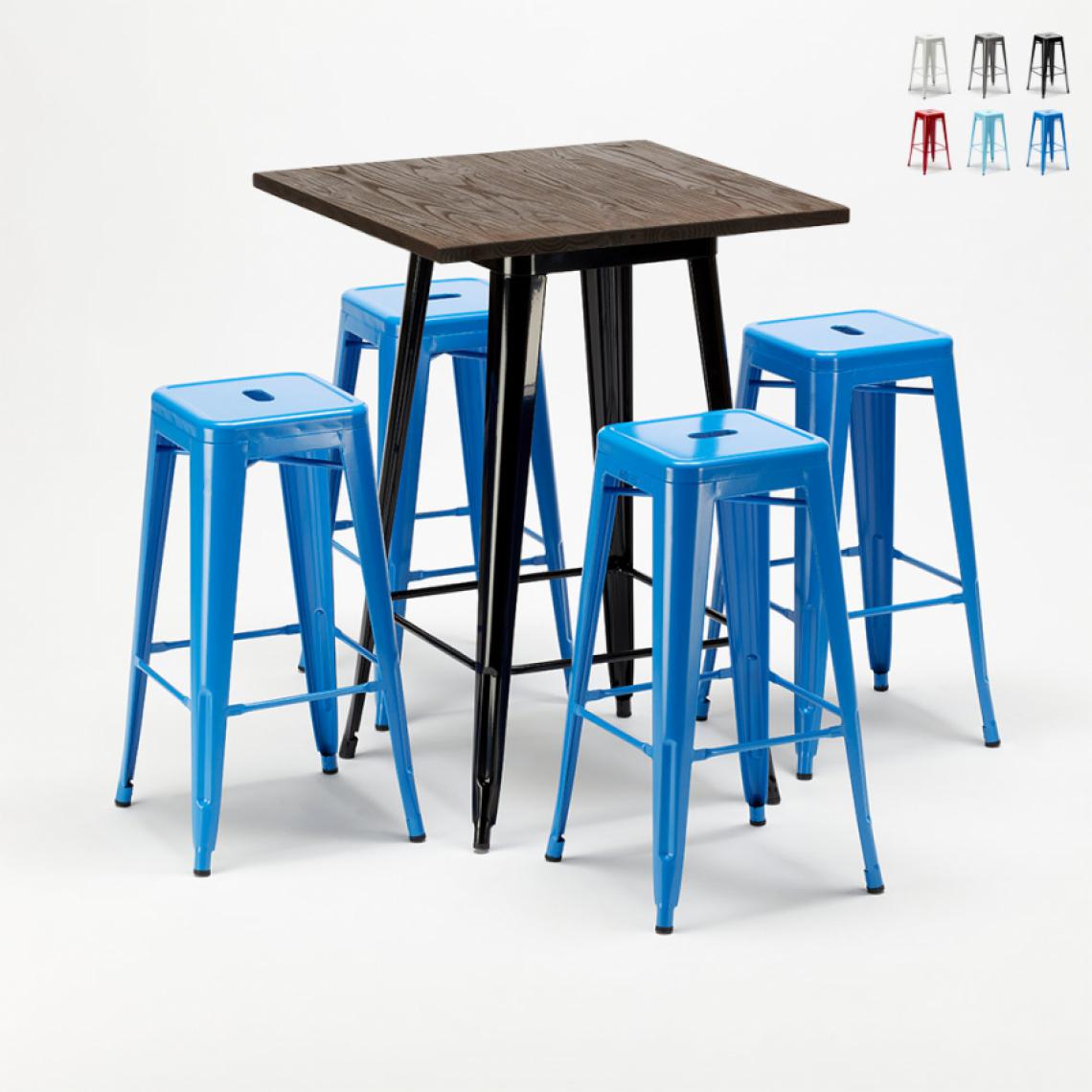 Ahd Amazing Home Design - Ensemble Little Italy table haute et 4 tabourets en métal Tolix style industriel, Couleur: Bleu - Tables à manger