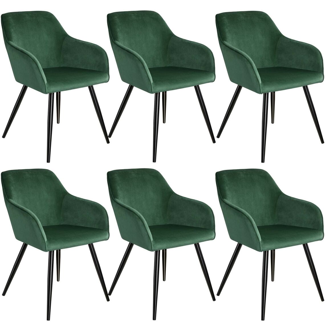 Tectake - 6 Chaises MARILYN Design en Velours Style Scandinave - vert foncé/noir - Chaises