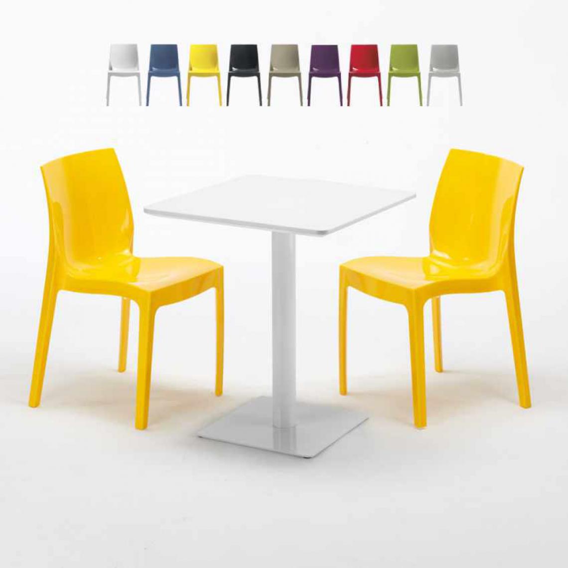 Grand Soleil - Table carrée 60x60 blanche avec 2 chaises colorées Ice Lemon, Couleur: Jaune - Tables à manger