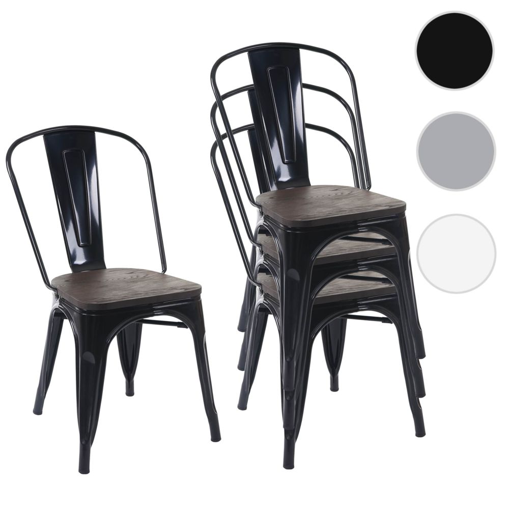 Mendler - 4x chaise de bistro HWC-A73, avec siège en bois, chaise empilable, métal, design industriel ~ noir - Chaises