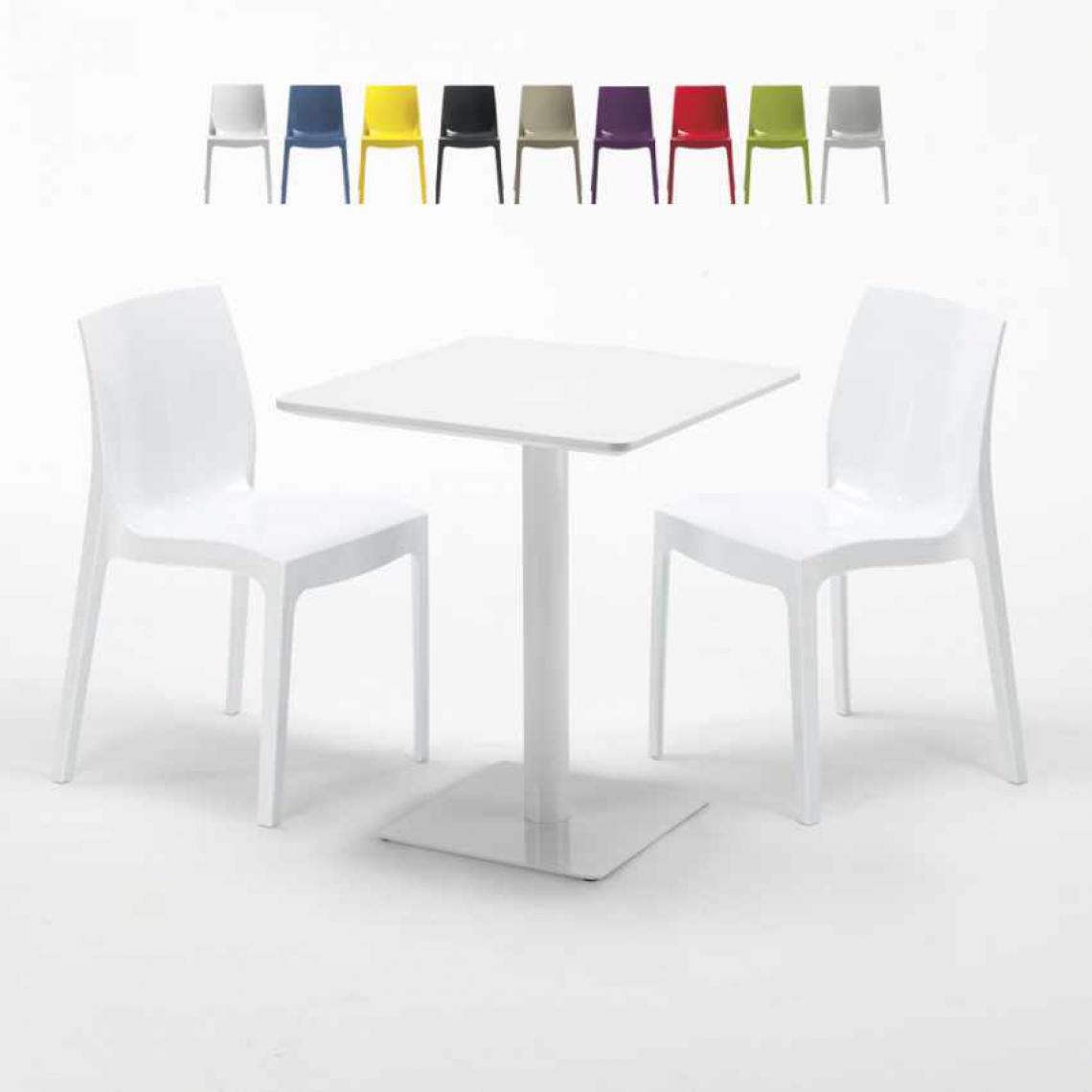 Grand Soleil - Table carrée 60x60 blanche avec 2 chaises colorées Ice Lemon, Couleur: Blanc - Tables à manger