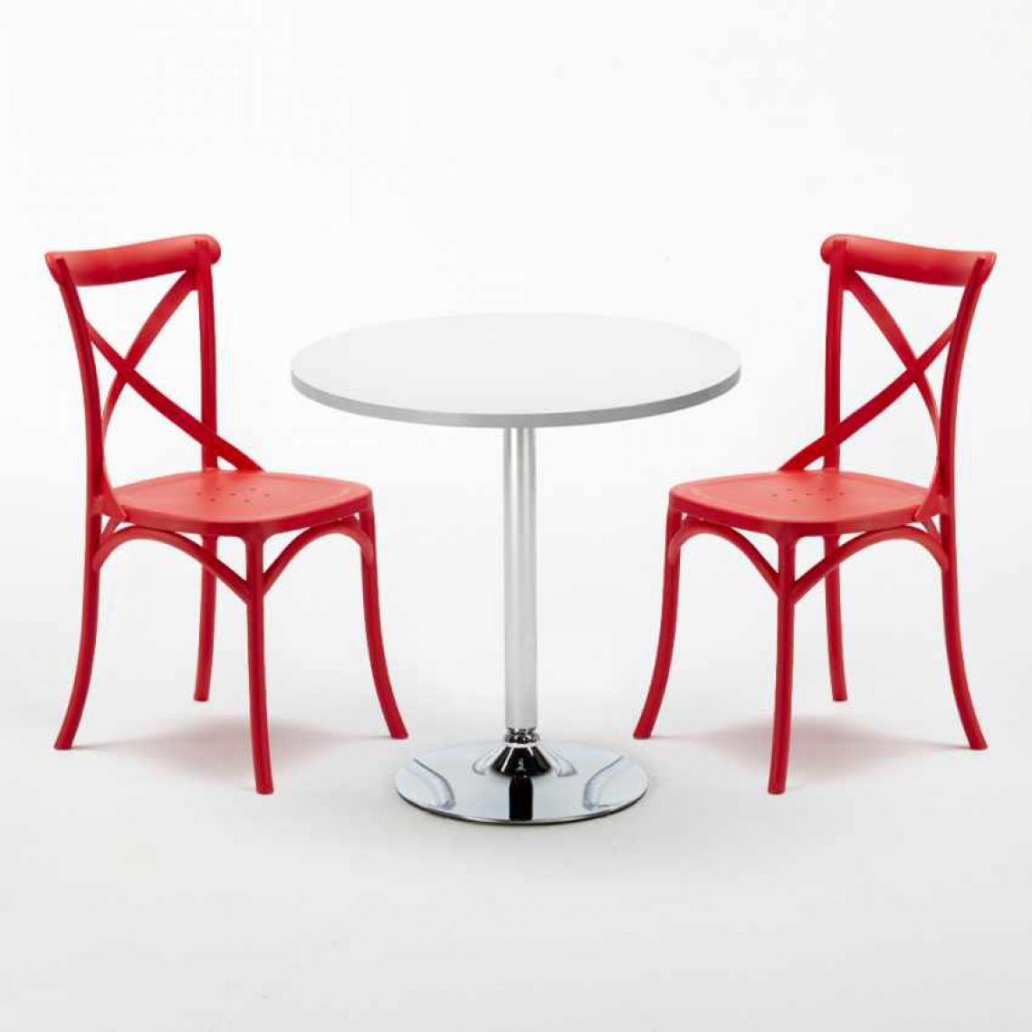 Ahd Amazing Home Design - Table Ronde Blanche 70x70cm Avec 2 Chaises Colorées Set Intérieur Bar Café Vintage LONG Island, Couleur: Rouge - Tables à manger