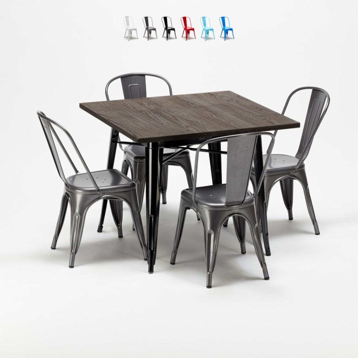 Ahd Amazing Home Design - Set de table carrée en bois et chaises en métal Tolix style industriel West Village, Couleur: Gris - Tables à manger