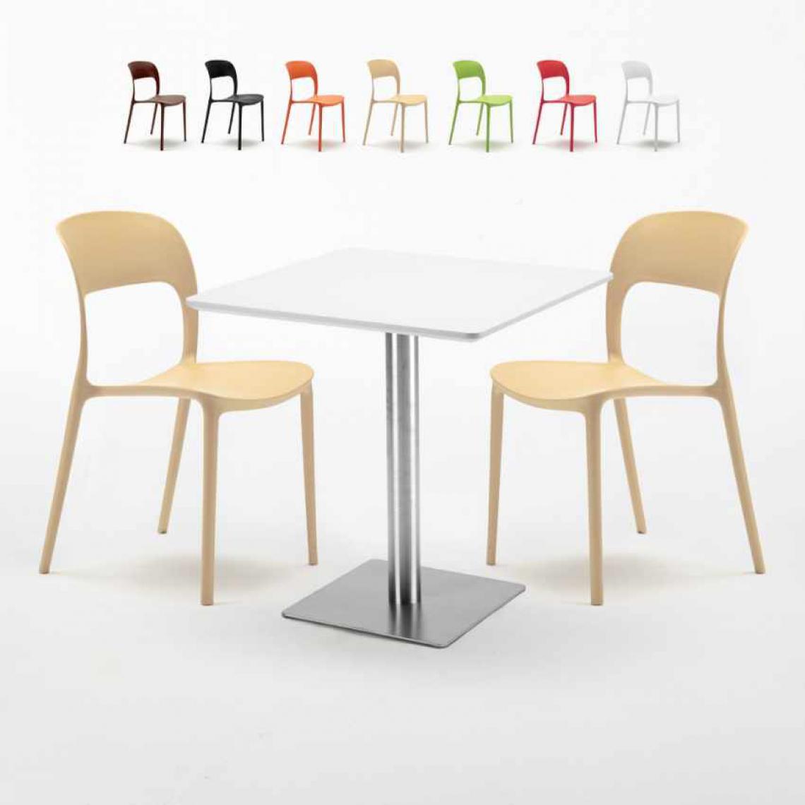 Ahd Amazing Home Design - Table carrée blanche 70x70 avec pied en acier et 2 chaises colorées Restaurant Strawberry, Couleur: Beige - Tables à manger