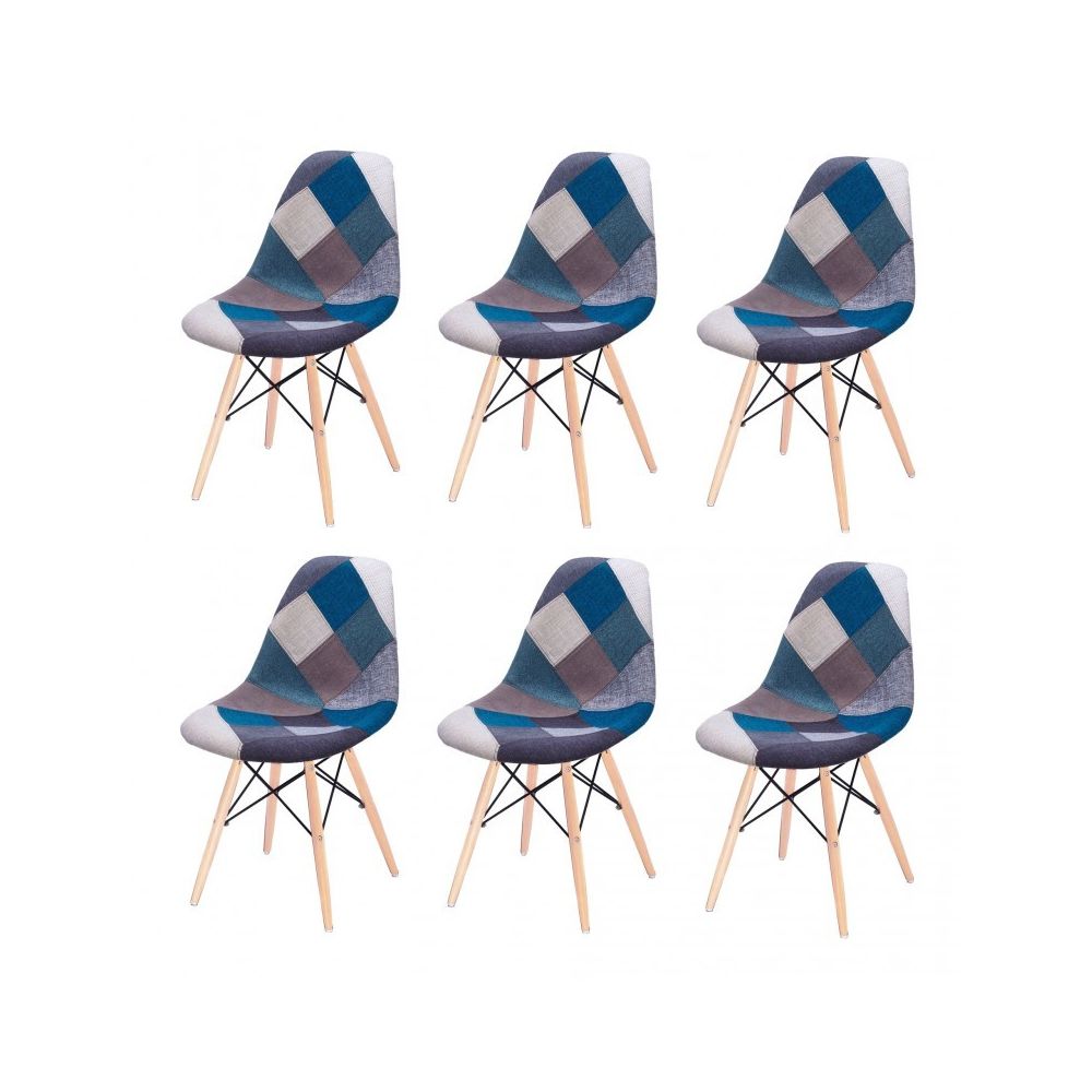 Meubletmoi - Lot 6 chaises Patchwork Bleu tissu & bois de hêtre - RETRO - Chaises