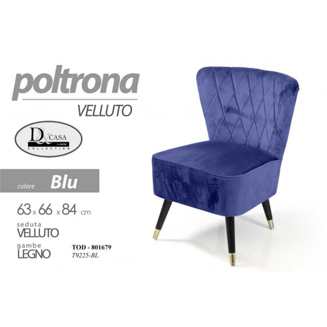 Webmarketpoint - Fauteuil en velours bleu avec pieds en bois cm 63 x 66 x 84 h - Chaises