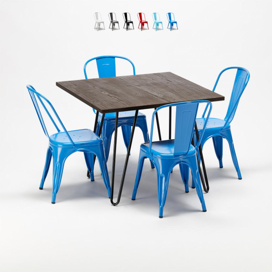 Ahd Amazing Home Design - Set de table carrée en bois et chaises en métal au design Tolix industriel Bay Ridge, Couleur: Bleu - Tables à manger