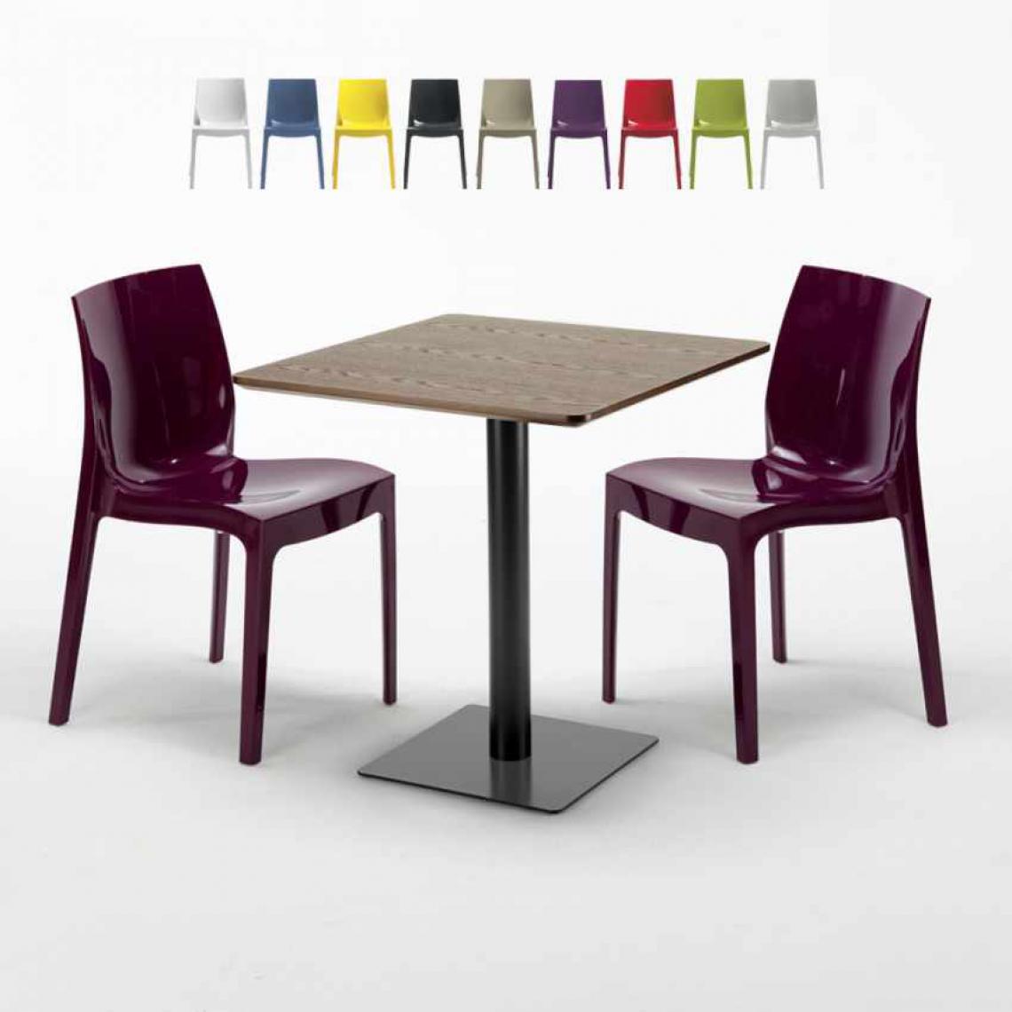 Grand Soleil - Table carrée 60x60 pied noir et plateau bois avec 2 chaises colorées Ice Kiss, Couleur: Pourpre - Tables à manger