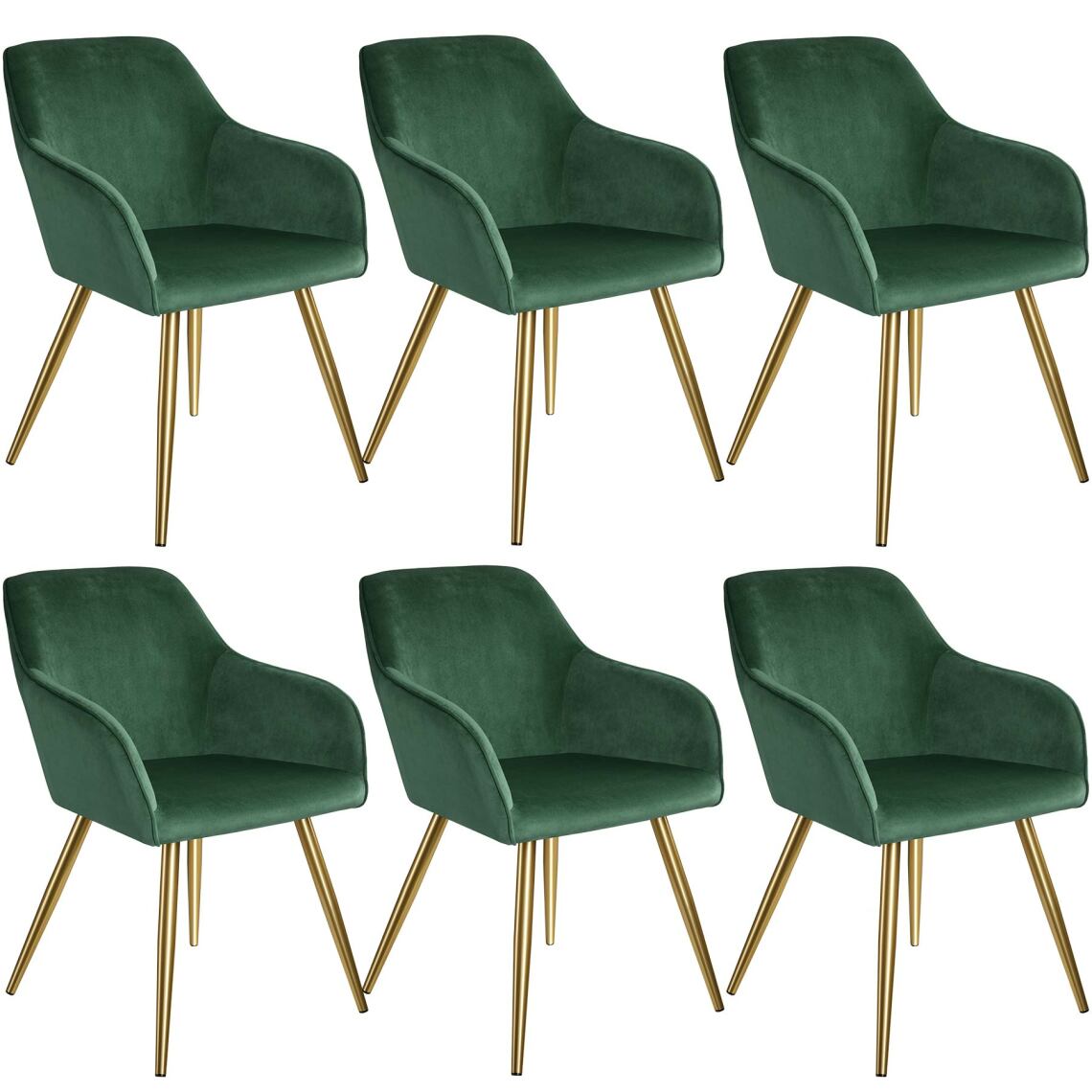 Tectake - 6 Chaises MARILYN Effet Velours Style Scandinave - vert foncé/or - Chaises