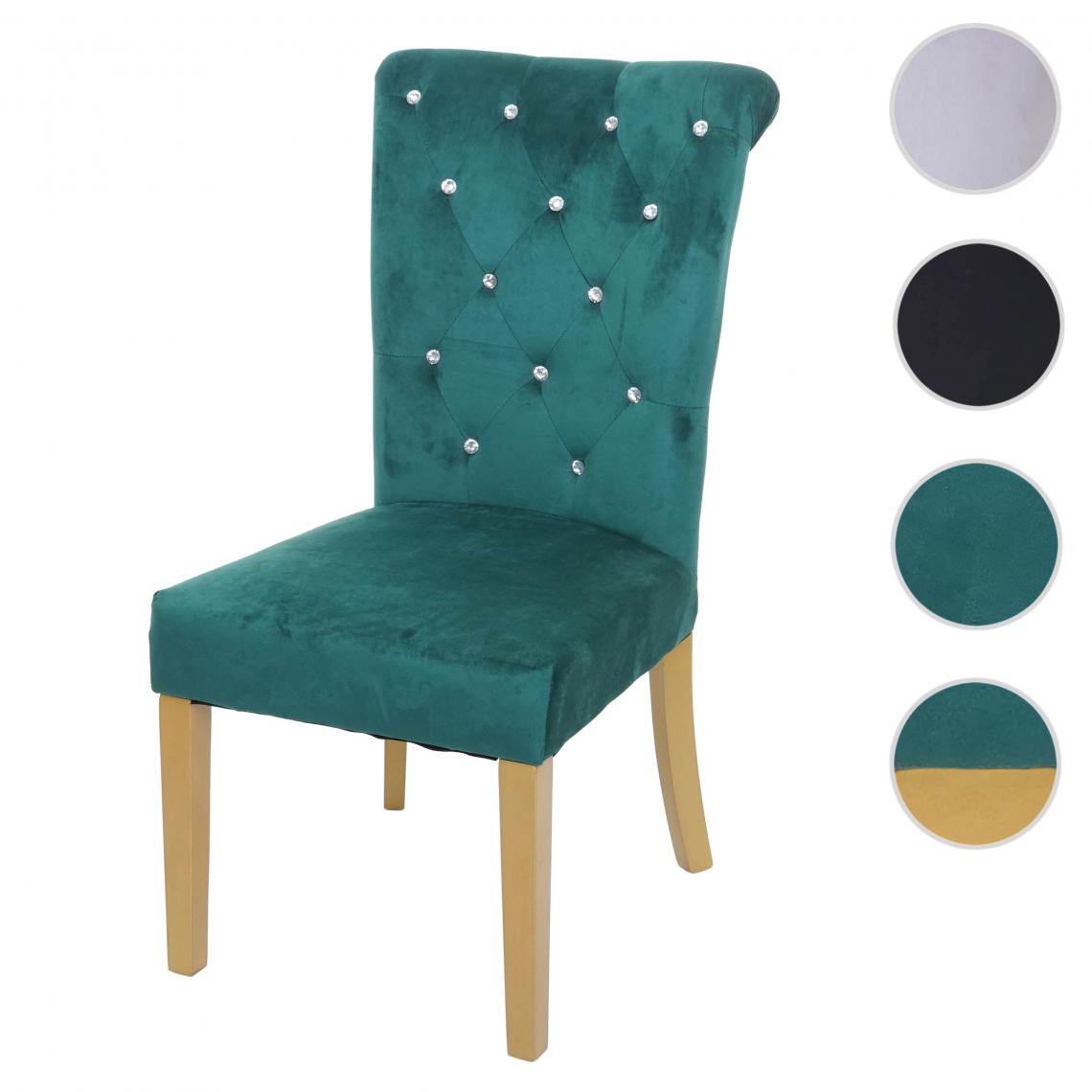 Mendler - Chaise de salle à  manger HWC-D22, chaise de cuisine, velours riveté ~ vert foncé, pieds dorés - Chaises