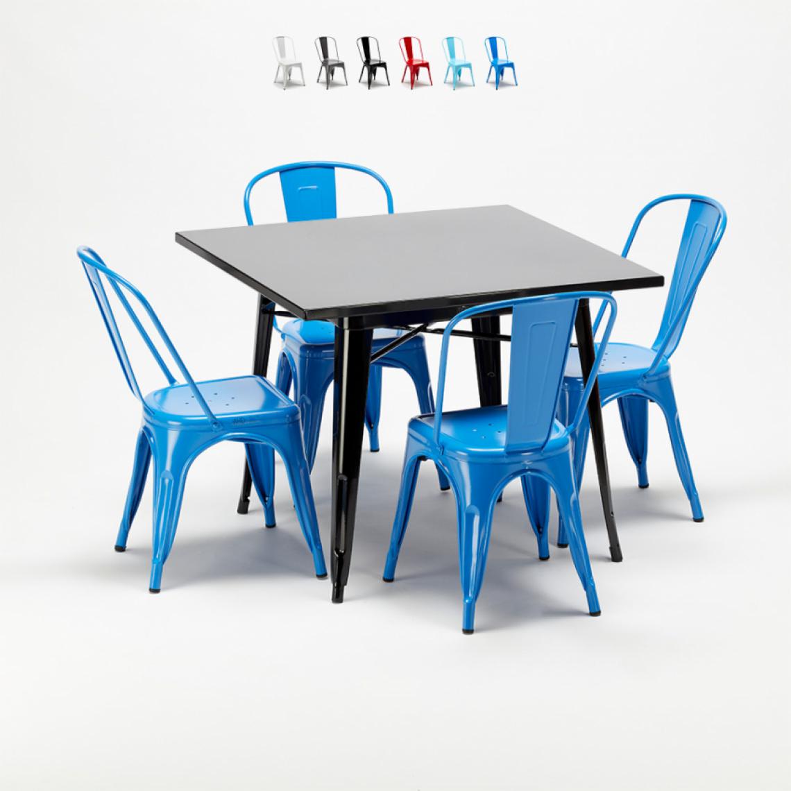 Ahd Amazing Home Design - Ensemble table et chaises carrées en métal Tolix style industriel Soho, Couleur: Bleu - Tables à manger