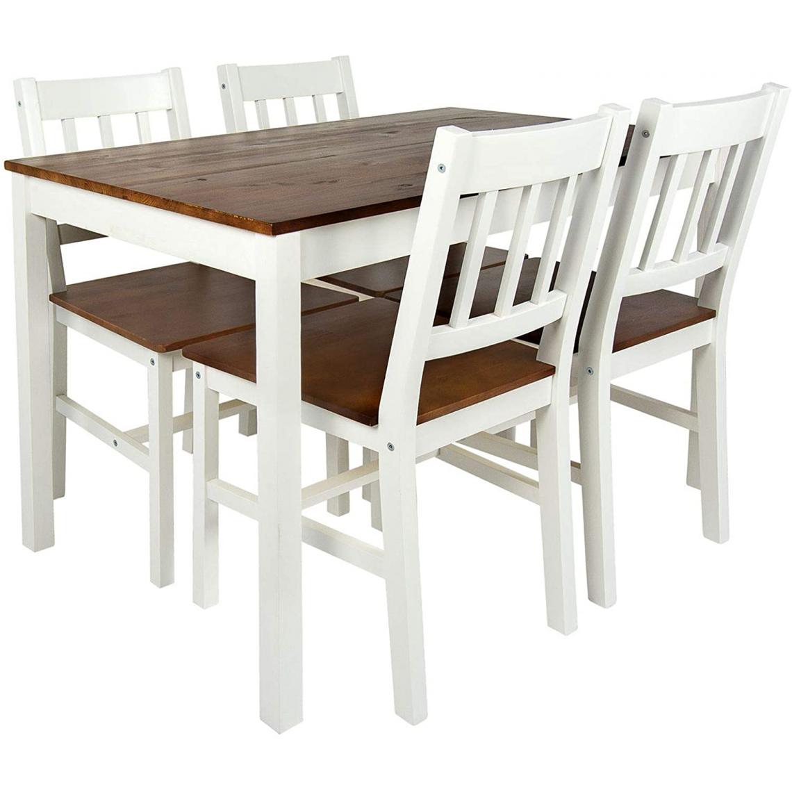 Leomark - Table en pin avec 4 chaises en bois - Blanc-Noyer - Tables à manger