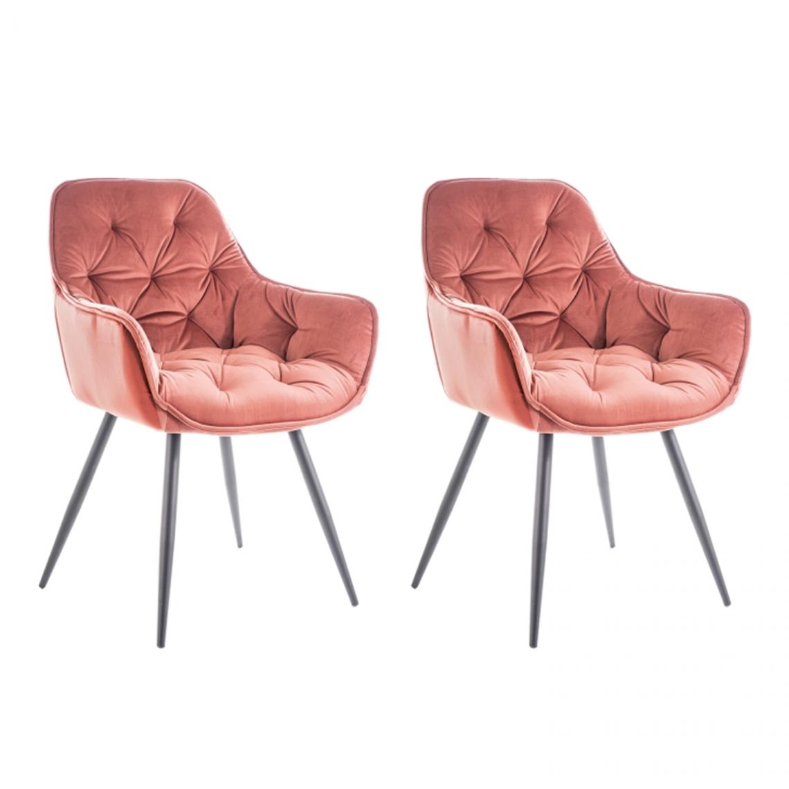 Hucoco - CHERLY - Lot de 2 chaises avec accoudoirs style glamour - 83x45x44cm - Velours + Pieds en métal - Rose - Chaises