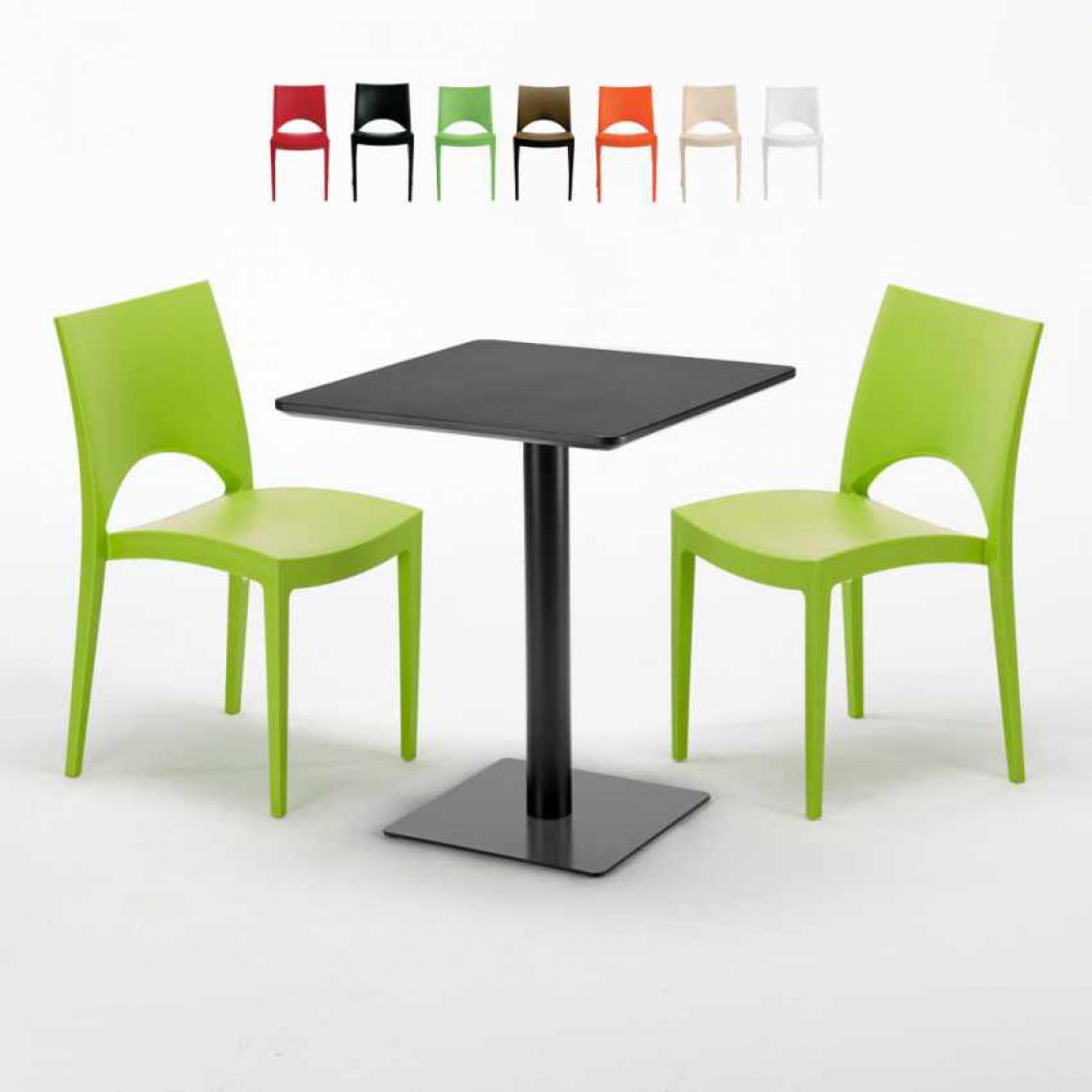 Grand Soleil - Table carrée 60x60 noire avec 2 chaises colorées Paris Licorice, Couleur: Vert foncé - Tables à manger