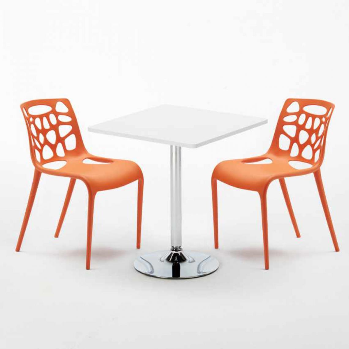 Ahd Amazing Home Design - Table Carrée Blanche 70x70cm Avec 2 Chaises Colorées Set Intérieur Bar Café Gelateria Cocktail, Couleur: Orange - Tables à manger