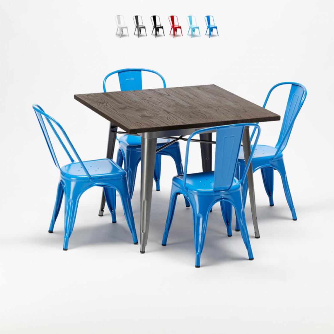 Ahd Amazing Home Design - Ensemble table carrée et chaises en métal design Tolix industrial Jamaica, Couleur: Bleu - Tables à manger