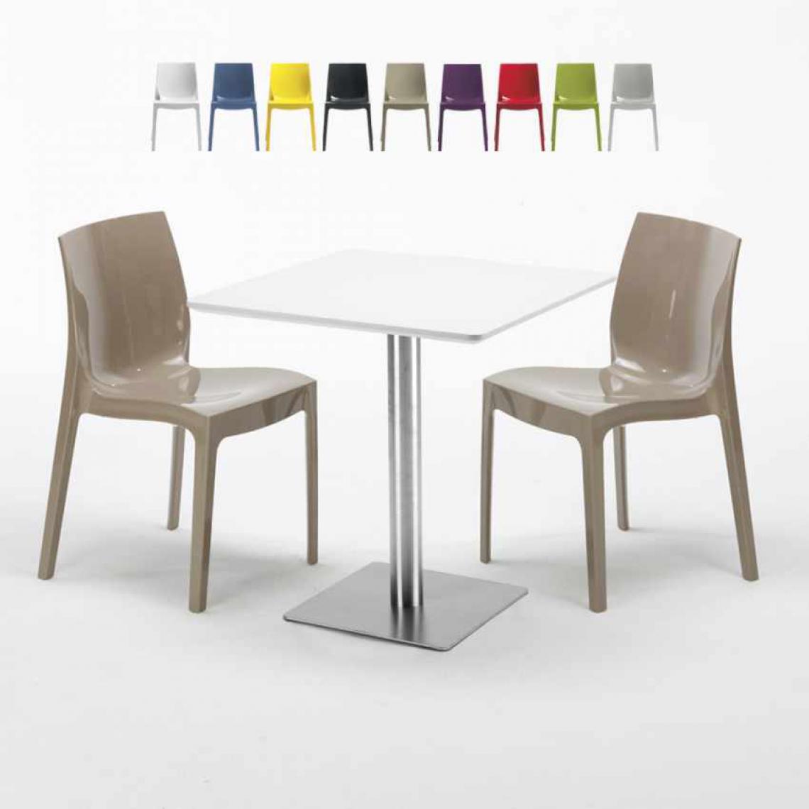 Grand Soleil - Table carrée blanche 70x70 avec pied en acier et 2 chaises colorées Ice Strawberry, Couleur: Beige - Tables à manger