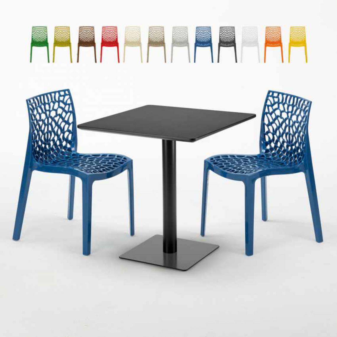 Grand Soleil - Table carrée noire 70x70 avec 2 chaises colorées Gruvyer Kiwi, Couleur: Bleu - Tables à manger