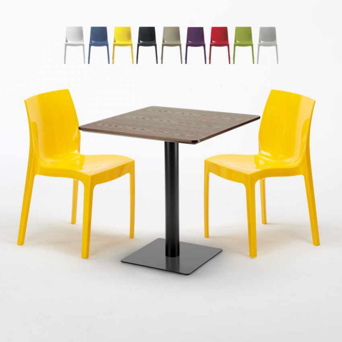 Grand Soleil - Table carrée 60x60 pied noir et plateau bois avec 2 chaises colorées Ice Kiss, Couleur: Jaune - Tables à manger