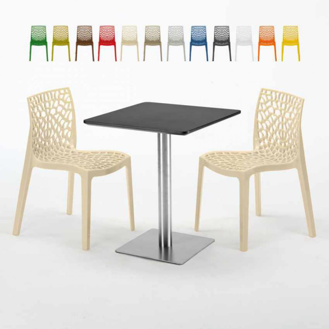Grand Soleil - Table carrée 60x60 pied acier et plateau noir avec 2 chaises colorées Gruvyer Pistachio, Couleur: Beige - Tables à manger