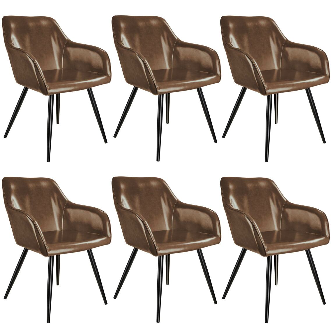 Tectake - 6 Chaises Marilyn en cuir synthétique - brun foncé-noir - Chaises