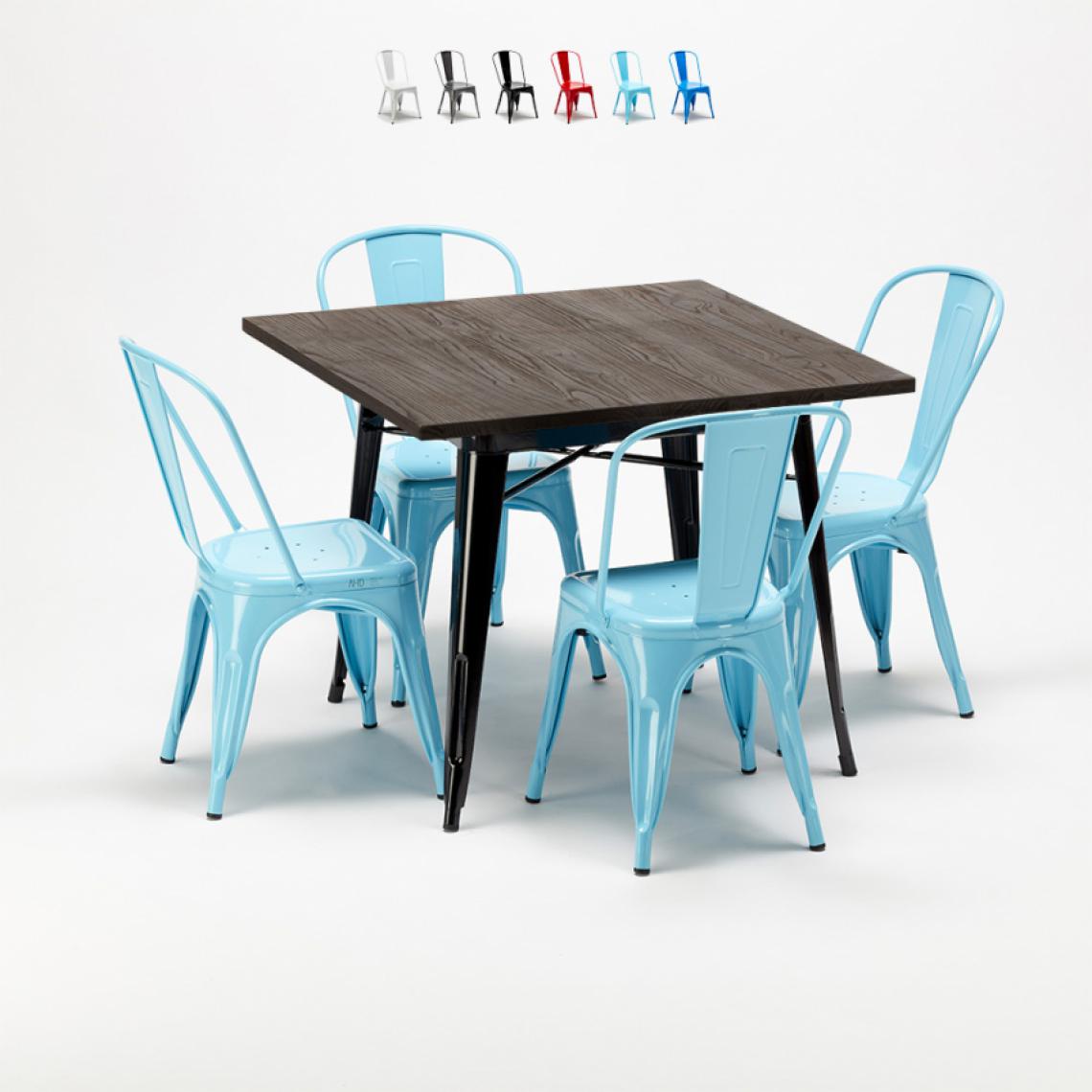 Ahd Amazing Home Design - Set de table carrée en bois et chaises en métal Tolix style industriel West Village, Couleur: Turquoise - Tables à manger
