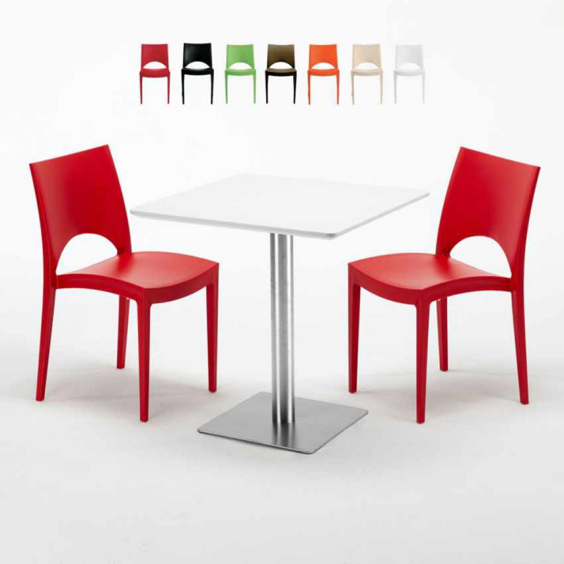 Grand Soleil - Table carrée blanche 70x70 avec pied en acier et 2 chaises colorées Paris Strawberry, Couleur: Rouge - Tables à manger