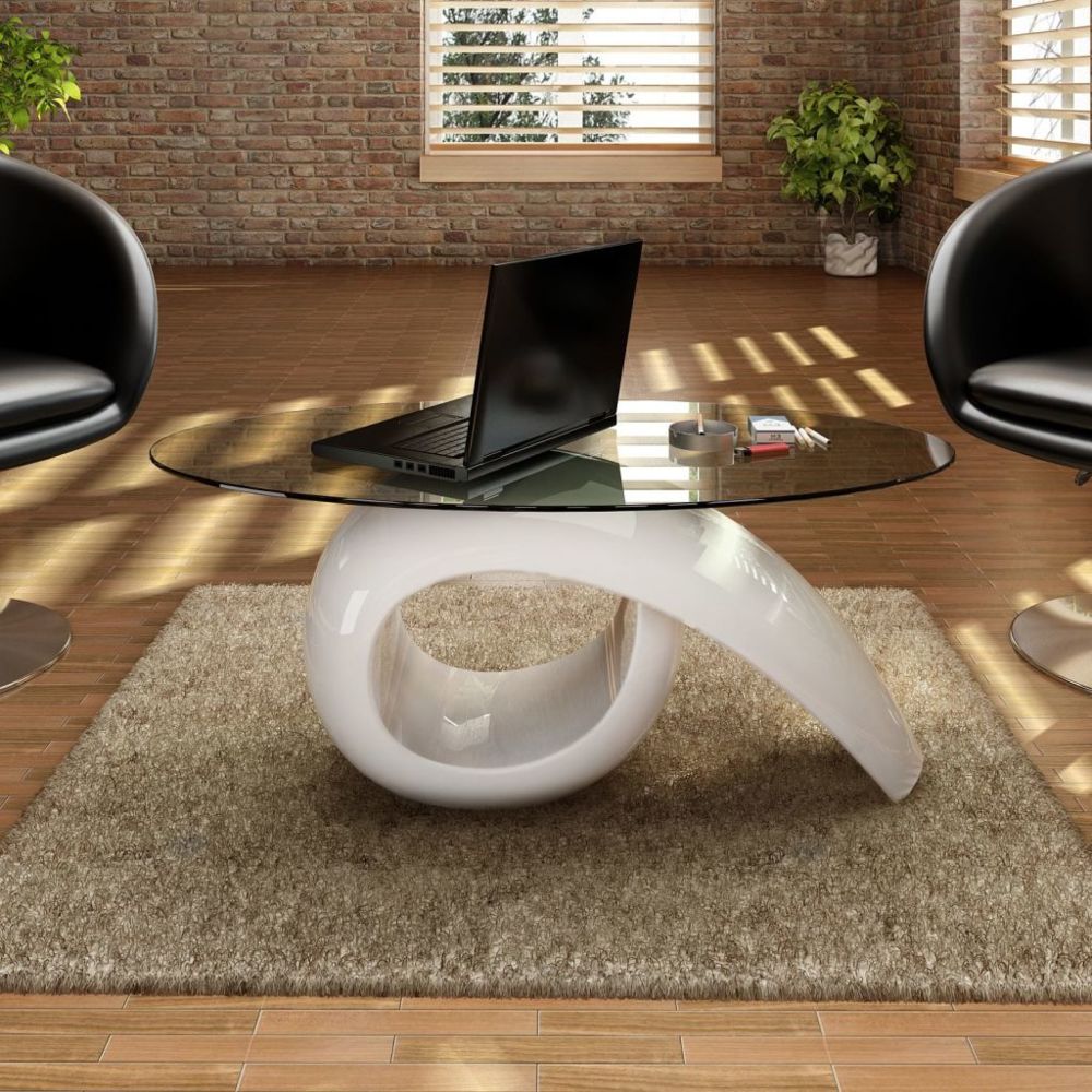 Vidaxl - vidaXL Table basse avec dessus de table en verre ovale Blanc brillant - Tables à manger