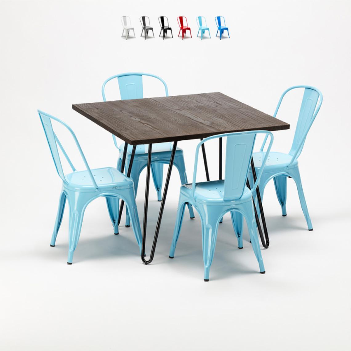 Ahd Amazing Home Design - Set de table carrée en bois et chaises en métal au design Tolix industriel Bay Ridge, Couleur: Turquoise - Tables à manger