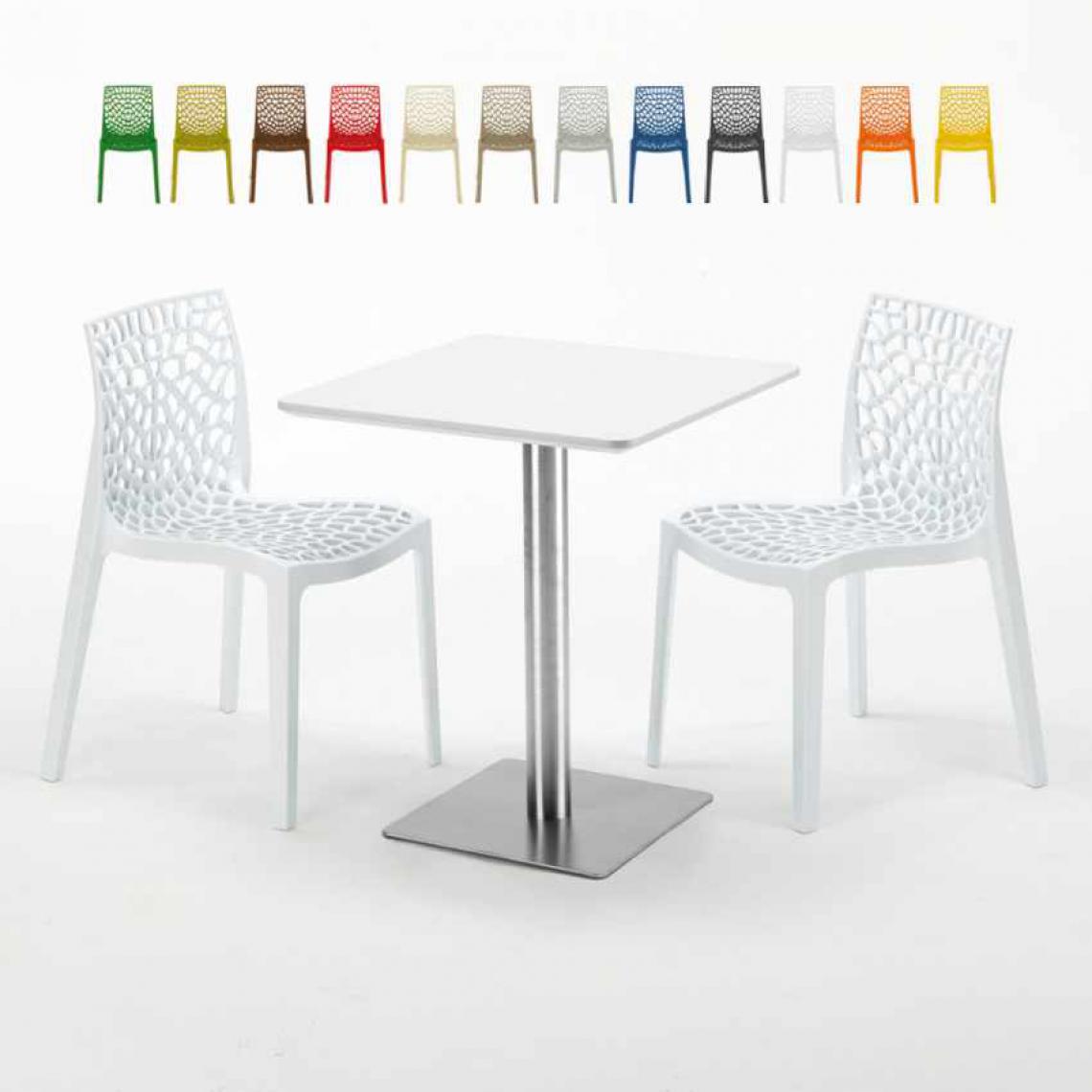 Grand Soleil - Table carrée 60x60 plateau blanc avec 2 chaises colorées Gruvyer Hazelnut, Couleur: Blanc - Tables à manger