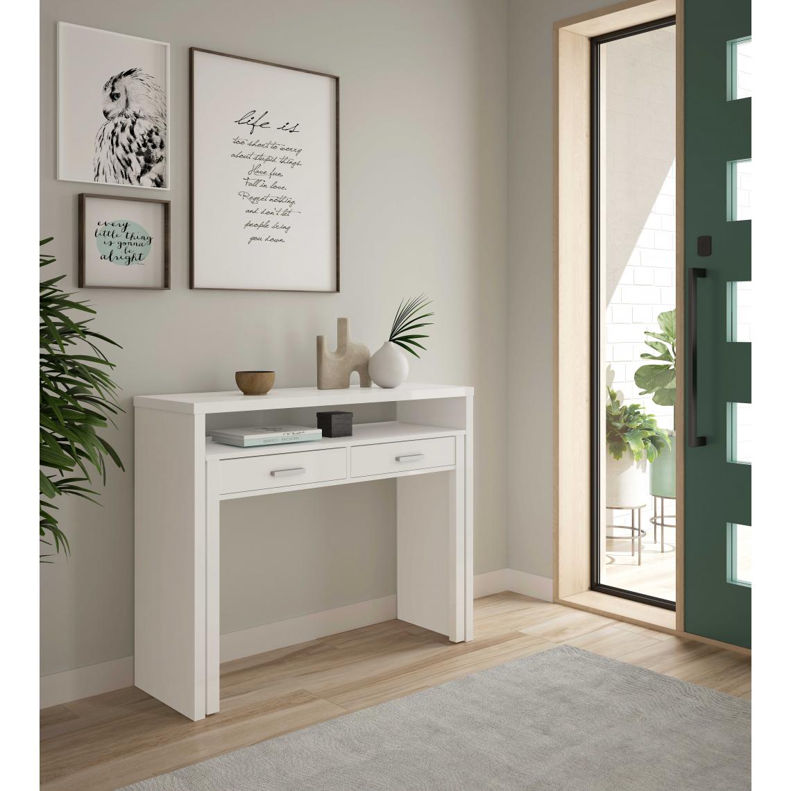 Alter - Bureau console extensible avec deux tiroirs, couleur blanc mat, Mesures 98 x 87 x 36 cm (extensible jusqu'à 66 cm) - Tables à manger
