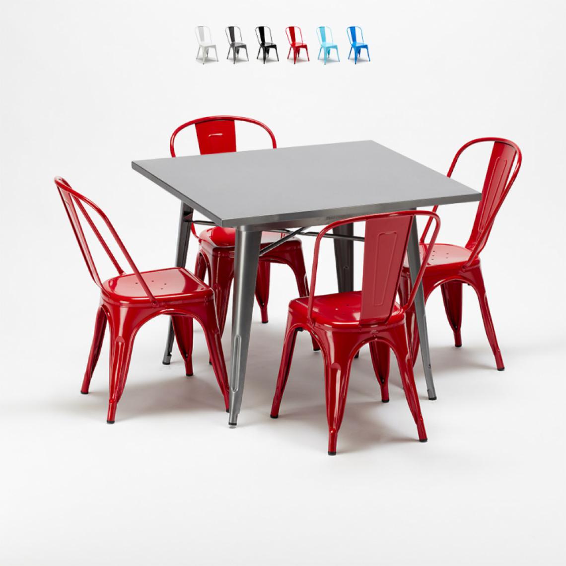 Ahd Amazing Home Design - Ensemble de Table carrée et chaises en métal au style industriel Tolix Flushing, Couleur: Rouge - Tables à manger