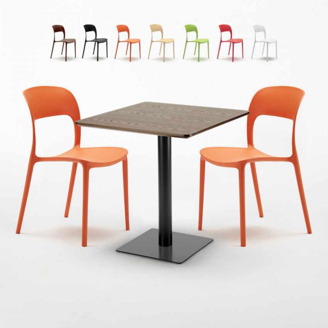 Ahd Amazing Home Design - Table carrée 60x60 pied noir et plateau bois avec 2 chaises colorées Restaurant Kiss, Couleur: Orange - Tables à manger