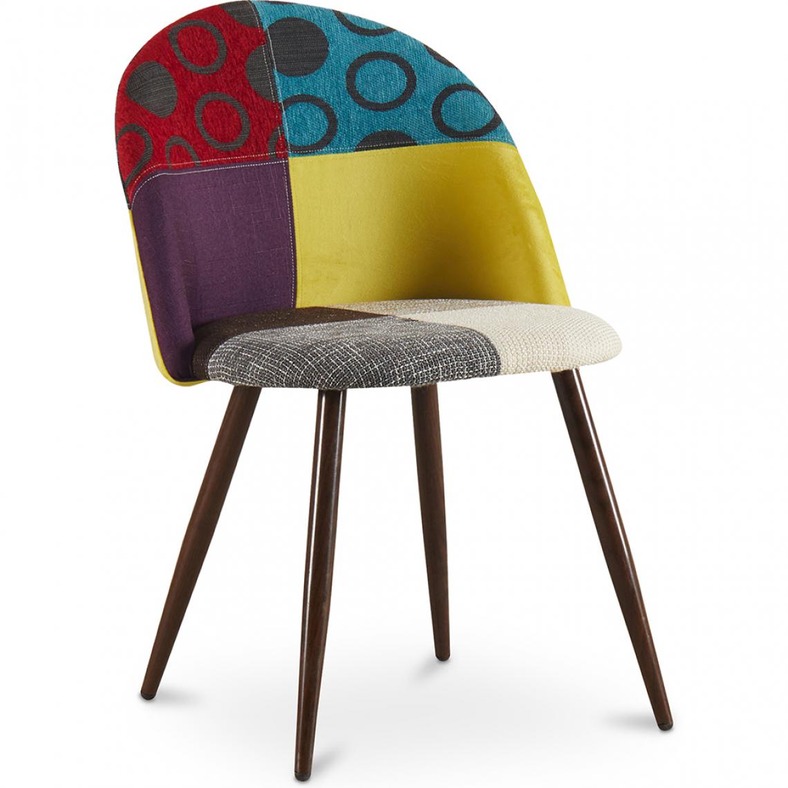 Iconik Interior - Chaise à manger tapissée scandi retro design patchwork pieds en bois sombre - Evelyne Ray - Chaises