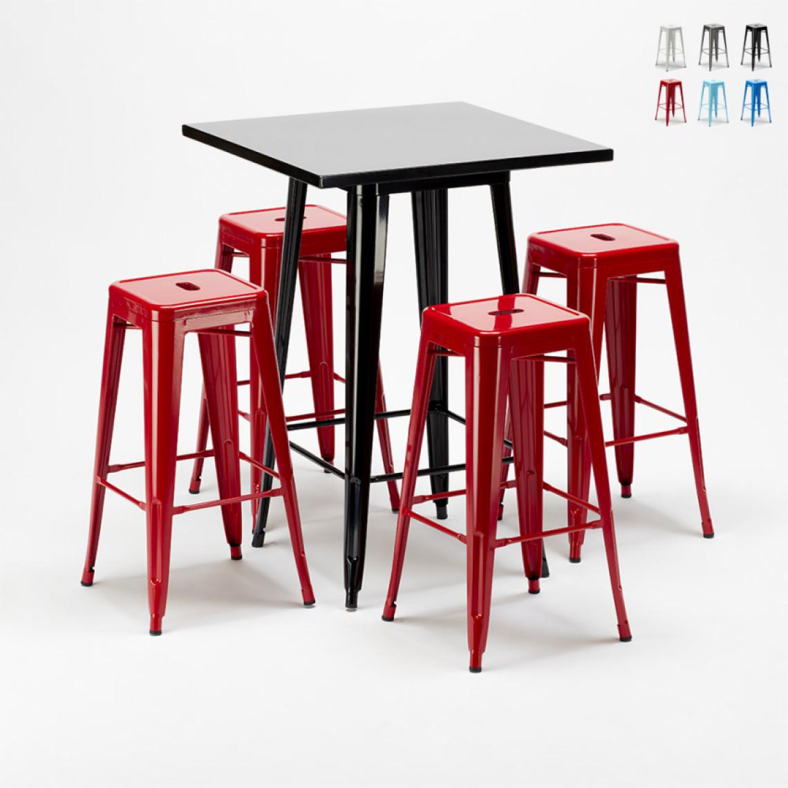 Ahd Amazing Home Design - Table haute et 4 tabourets en métal style Tolix industriel New York bars et pubs, Couleur: Rouge - Tables à manger