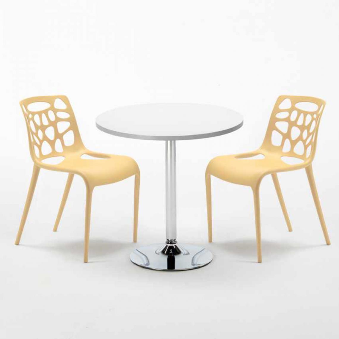 Ahd Amazing Home Design - Table Ronde Blanche 70x70cm Avec 2 Chaises Colorées Set Intérieur Bar Café Gelateria LONG Island, Couleur: Beige - Tables à manger