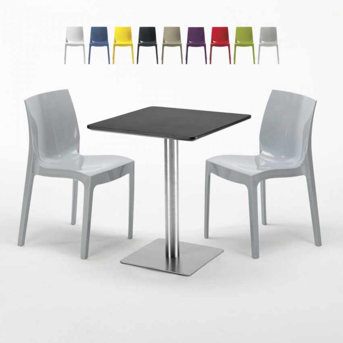 Grand Soleil - Table carrée 60x60 cm Base Argent E Top Noir Avec 2 Chaises Colorées Ice Pistachio, Couleur: Gris - Tables à manger