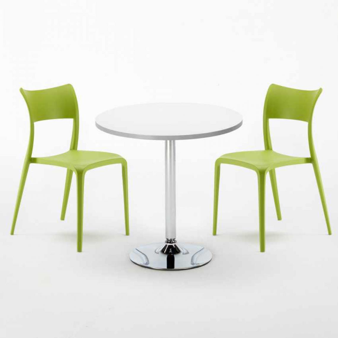 Ahd Amazing Home Design - Table Ronde Blanche 70x70cm Avec 2 Chaises Colorées Set Intérieur Bar Café Parisienne LONG Island, Couleur: Vert - Tables à manger