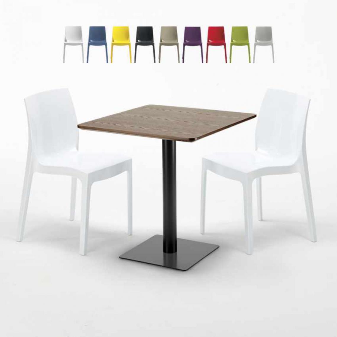 Grand Soleil - Table carrée 60x60 pied noir et plateau bois avec 2 chaises colorées Ice Kiss, Couleur: Blanc - Tables à manger