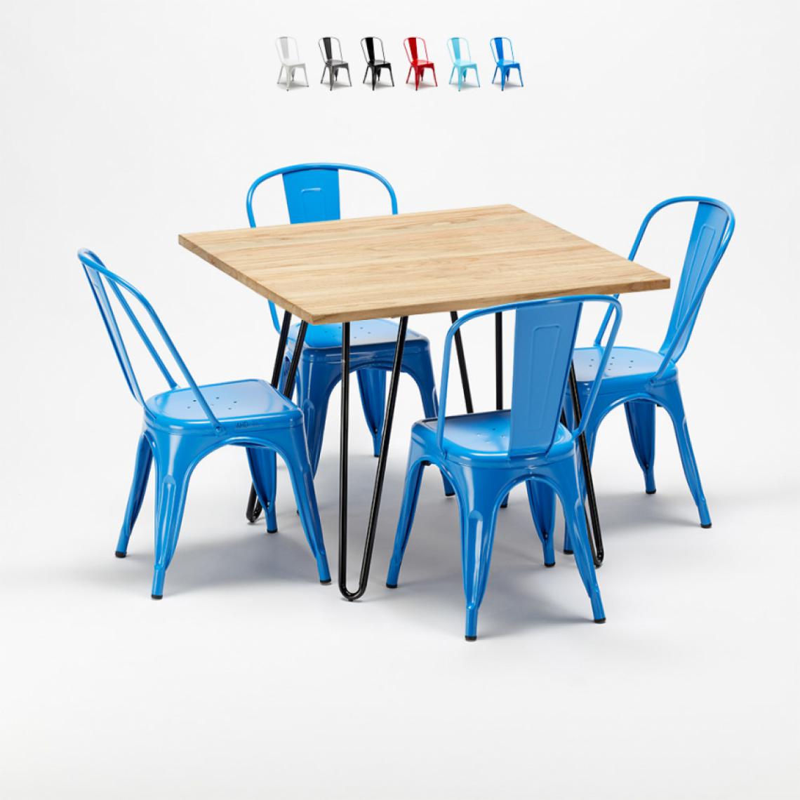Ahd Amazing Home Design - Table et chaises carrées en métal et en bois au style industriel Tolix Tribeca, Couleur: Bleu - Tables à manger