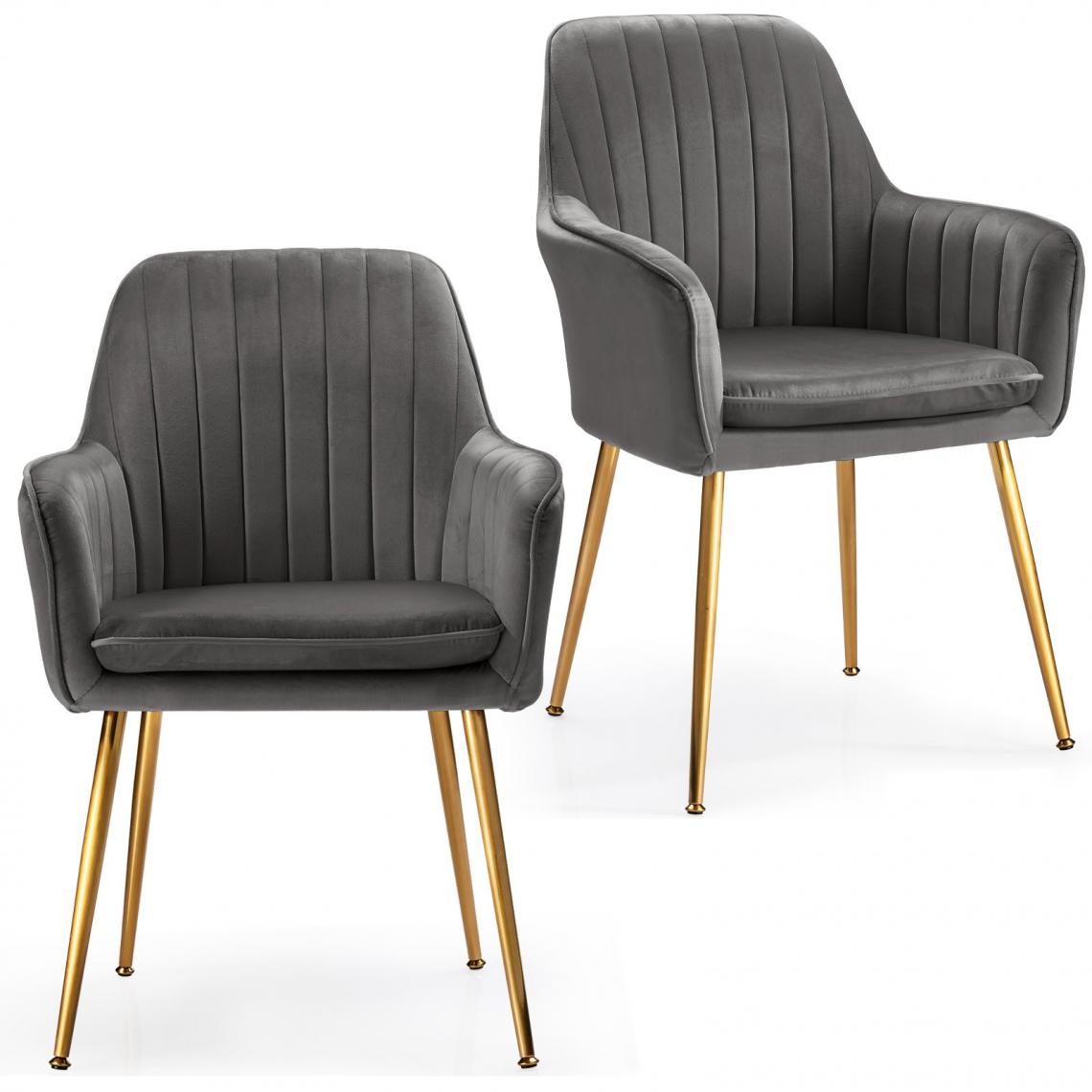 Decoshop26 - Lot de 2 chaises scandinaves en velours gris avec accoudoir et pieds en métal pour salon chambre gris 20_0000740 - Chaises