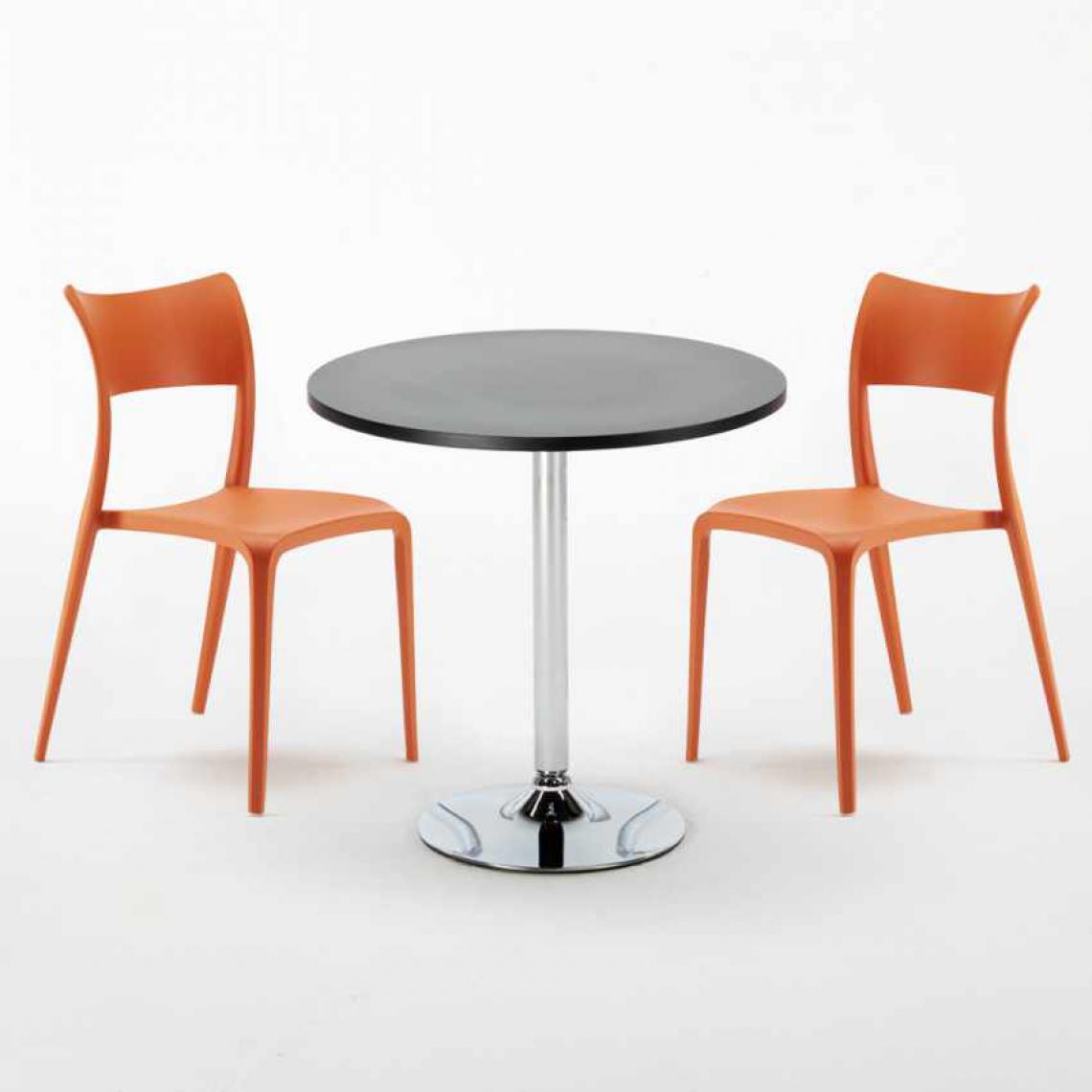 Ahd Amazing Home Design - Table Ronde Noire 70x70cm Avec 2 Chaises Colorées Set Intérieur Bar Café Parisienne Cosmopolitan, Couleur: Orange - Tables à manger